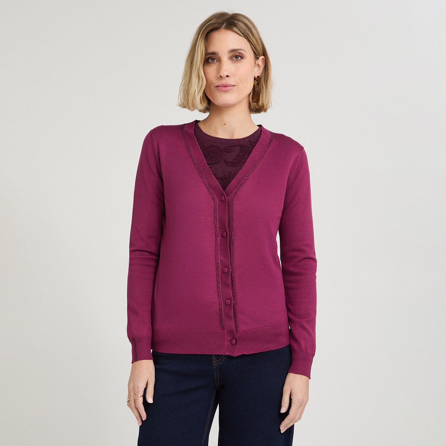 Cardigan con Aplicación de Strass Morado